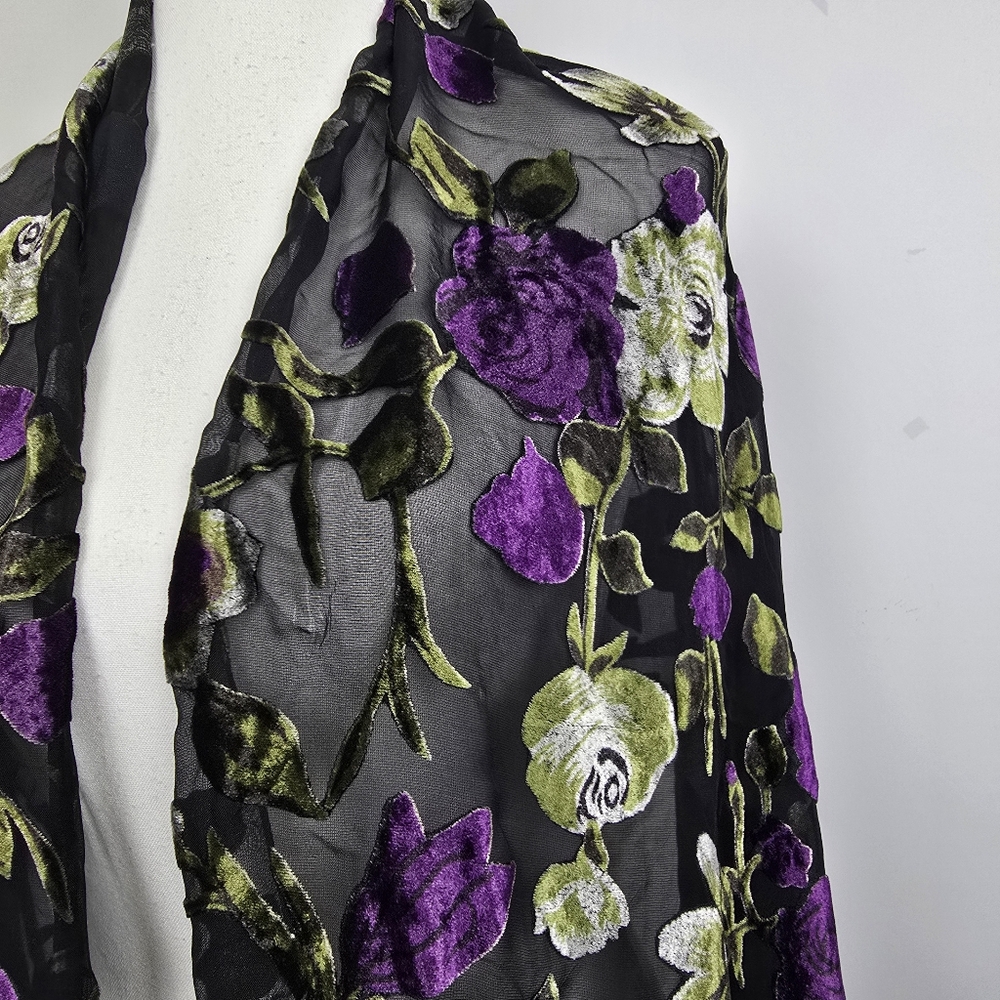 Vintage Black Velvet Burnout Floral Fringe Shawl | Wrap Boho Gothic Romantic - Picture 3 of 5